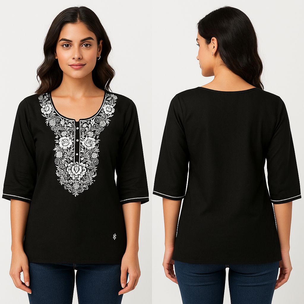 ✨ Black Embroidered Cotton Kurti ✨