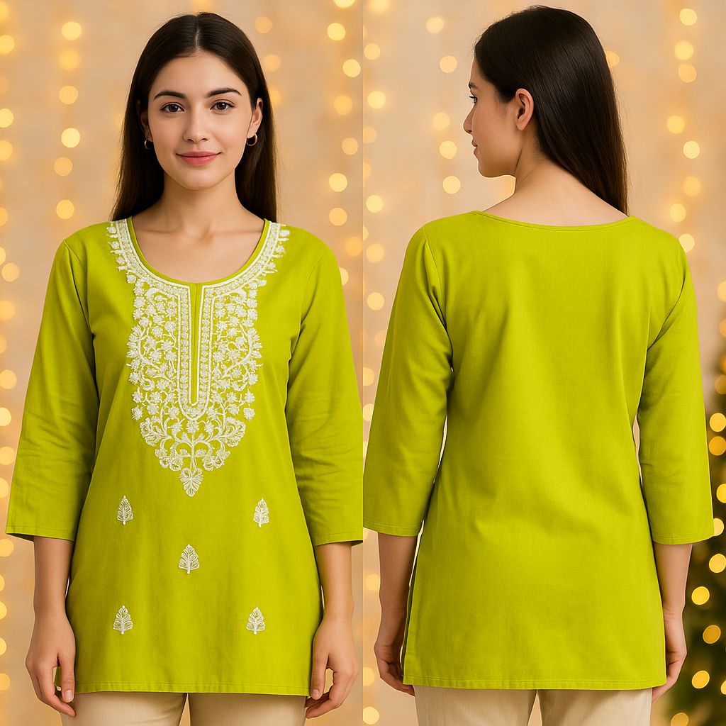 ✨ Green Embroidered Cotton Kurti ✨