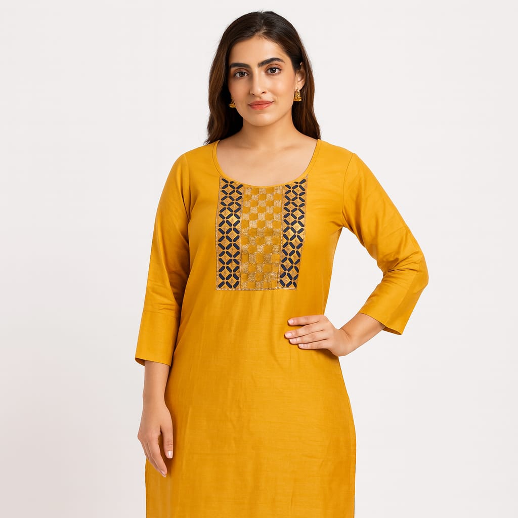 ✨ Mustard Yellow Long Kurti with Printed Yoke ✨