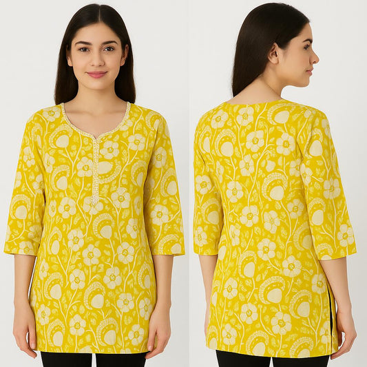 ✨ Yellow Printed Cotton Kurti ✨