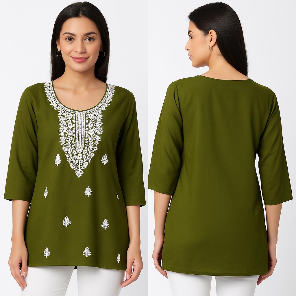 ✨ Olive Green Embroidered Cotton Kurti ✨