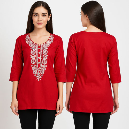✨ Red Embroidered Cotton Kurti ✨