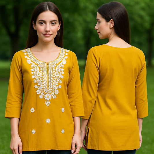 ✨ Mustard Yellow Cotton Kurti with Embroidery ✨